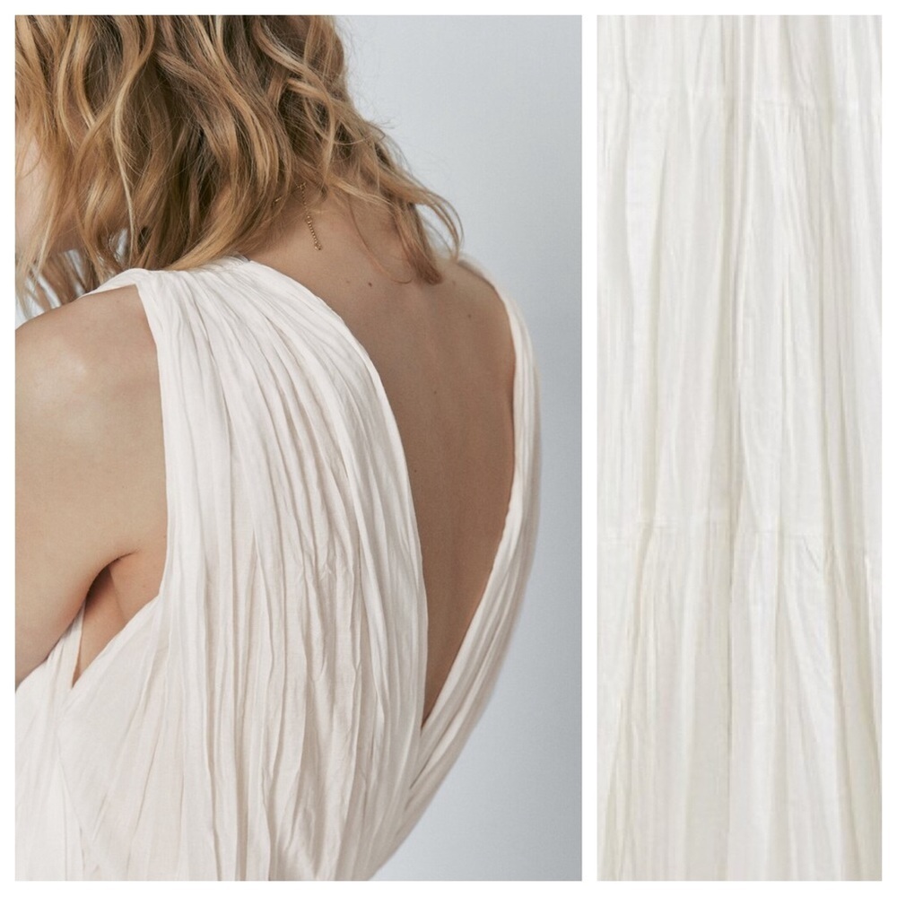 NWT. Massimo Dutti White 100% Cotton Pleated Midi Dress with Drawstring. Size L. - Picture 5 of 12